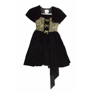 Dimples Girls Black Velvet Gold Accent Fit & Flare Dress Tie Back Cap Sleeve 6X